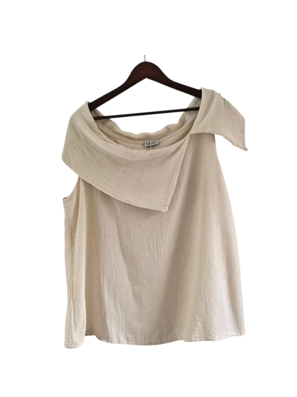 Oh My Gauze Cotton Cream Tank Top Asymmetrical Collar Tunic Lagenlook Size 2 L